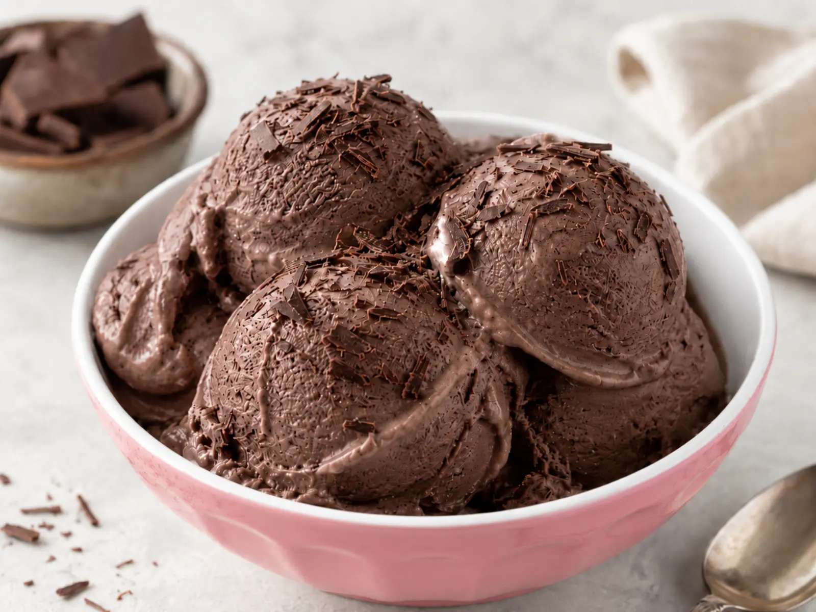Chocolate Cottage Cheese Ice Cream scooped into a pink bowl with chocolate shavings, a creamy high-protein dessert made with cottage cheese.