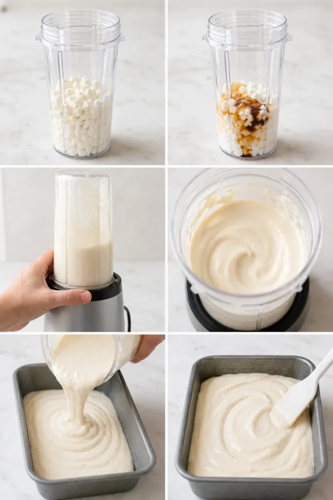 Step-by-step cottage cheese ice cream process showing cottage cheese blended with honey and vanilla, then poured into a loaf pan for freezing.