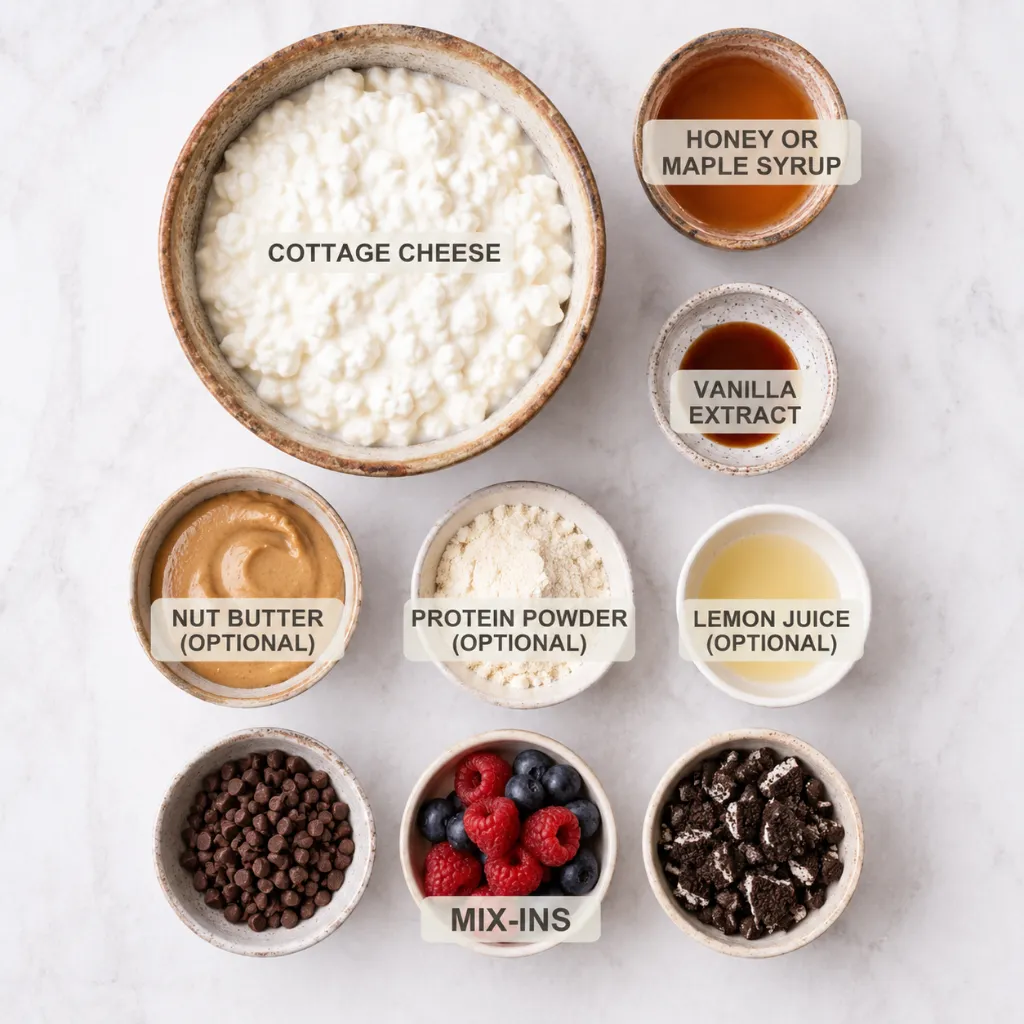 Ingredients for cottage cheese ice cream arranged in bowls, including cottage cheese, honey or maple syrup, vanilla extract, nut butter, protein powder, lemon juice, chocolate chips, berries, and crushed cookies.