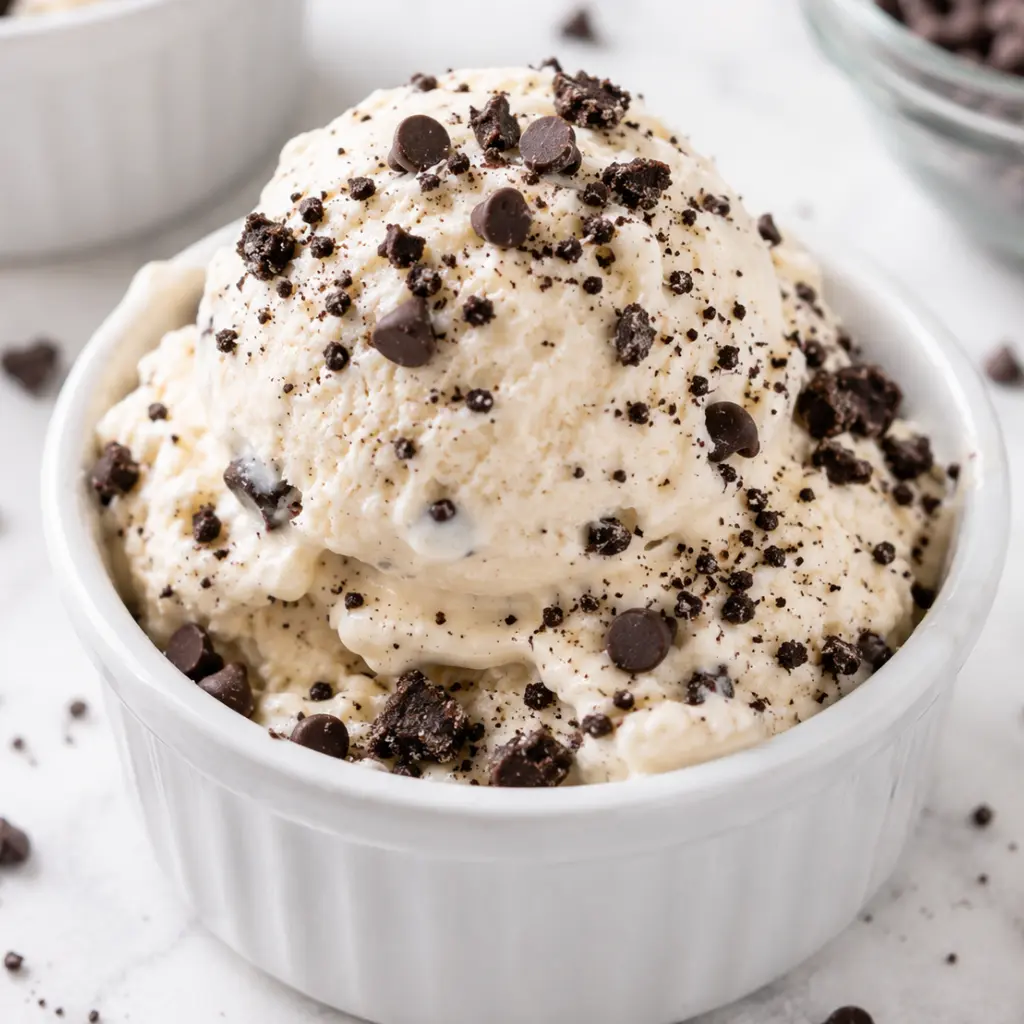 Creamy cottage cheese ice cream in a white ramekin topped with chocolate chips and crushed cookies for a high-protein no-machine dessert.