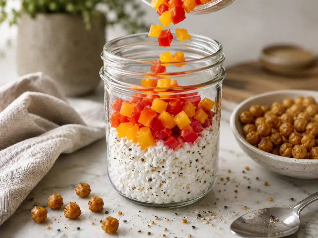Building a high-protein cottage cheese snack jar with everything bagel seasoning, bell pepper and crispy chickpeas