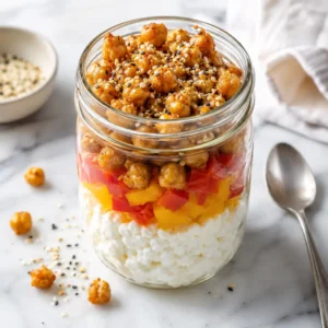 Cottage cheese snack jar recipe with cottage cheese, bell pepper and crispy chickpeas in a mason jar
