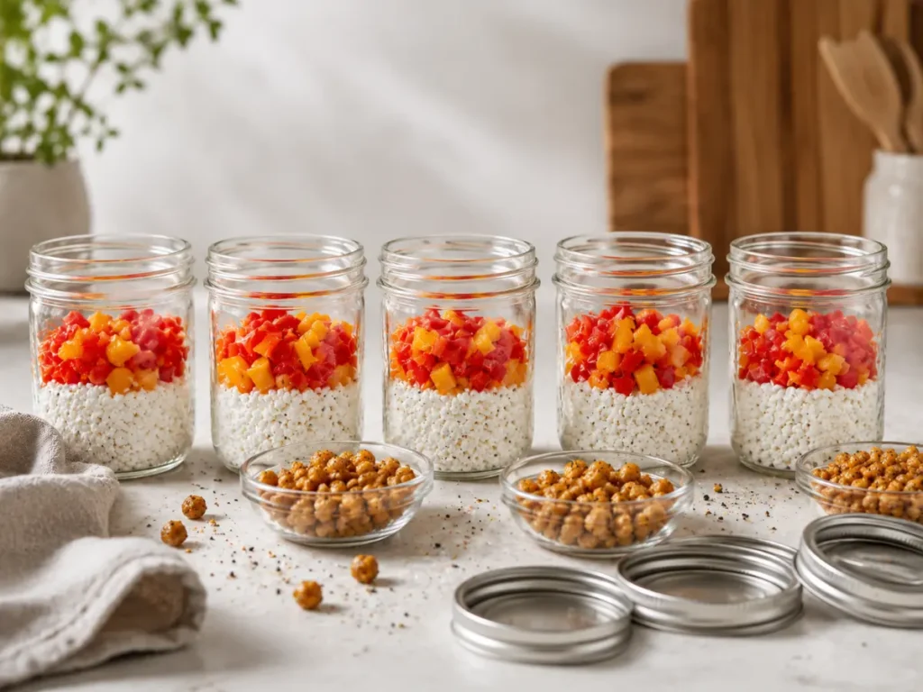 Five make-ahead cottage cheese snack jars meal prepped in mason jars for the week