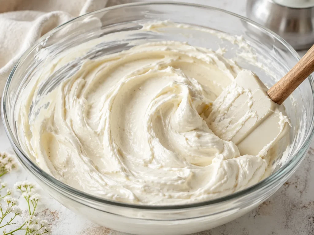 Cream cheese dressing being mixed for grape salad with sour cream, sugar, and vanilla.