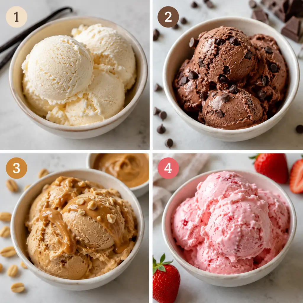 Easy Ninja Creami cottage cheese ice cream flavor variations with vanilla, chocolate, peanut butter, and strawberry scoops in bowls.