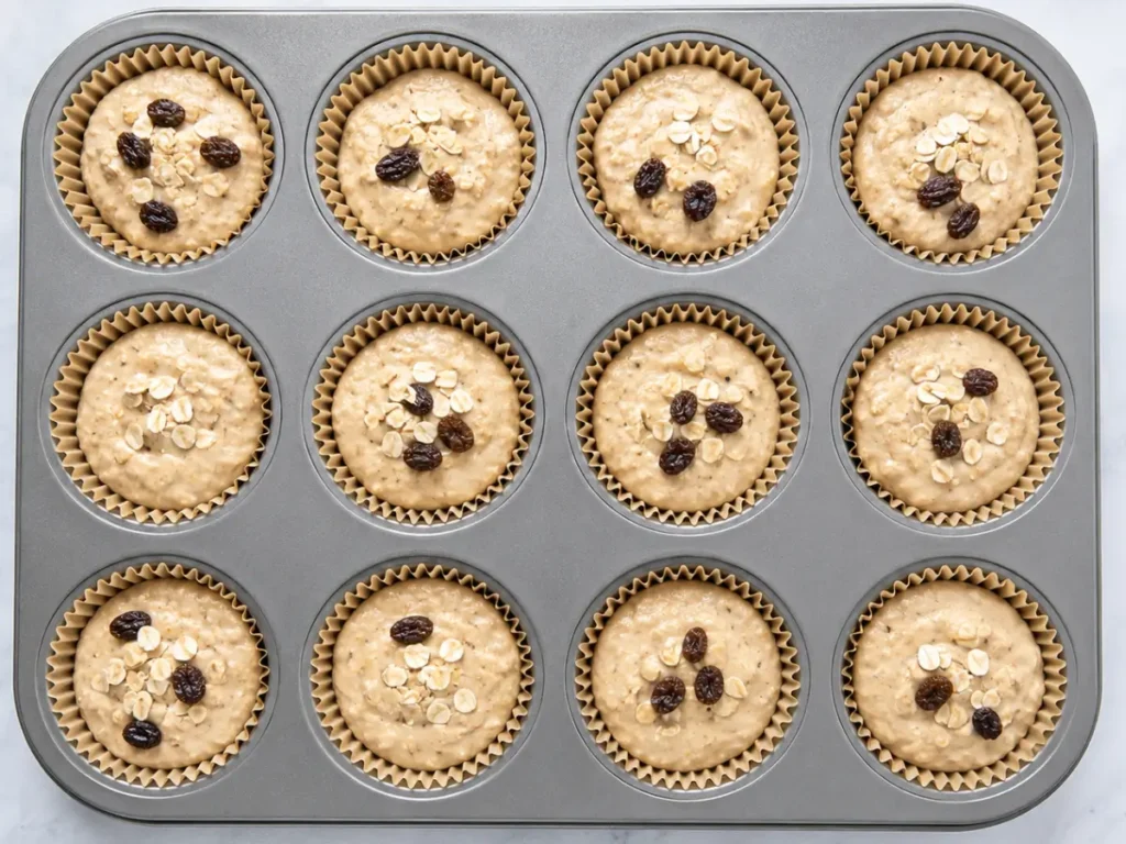 Flourless Greek yogurt muffin batter portioned into a lined 12-cup muffin tin before baking