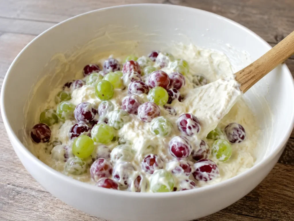 Red and green grapes folded into cream cheese dressing for homemade grape salad.