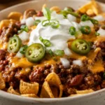 Classic Frito pie recipe in a bowl topped with hot chili, melted cheddar cheese, sour cream and jalapeños