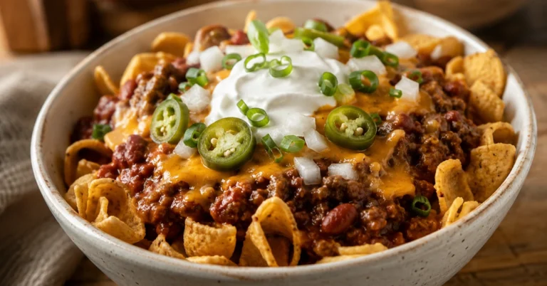 Classic Frito pie recipe in a bowl topped with hot chili, melted cheddar cheese, sour cream and jalapeños
