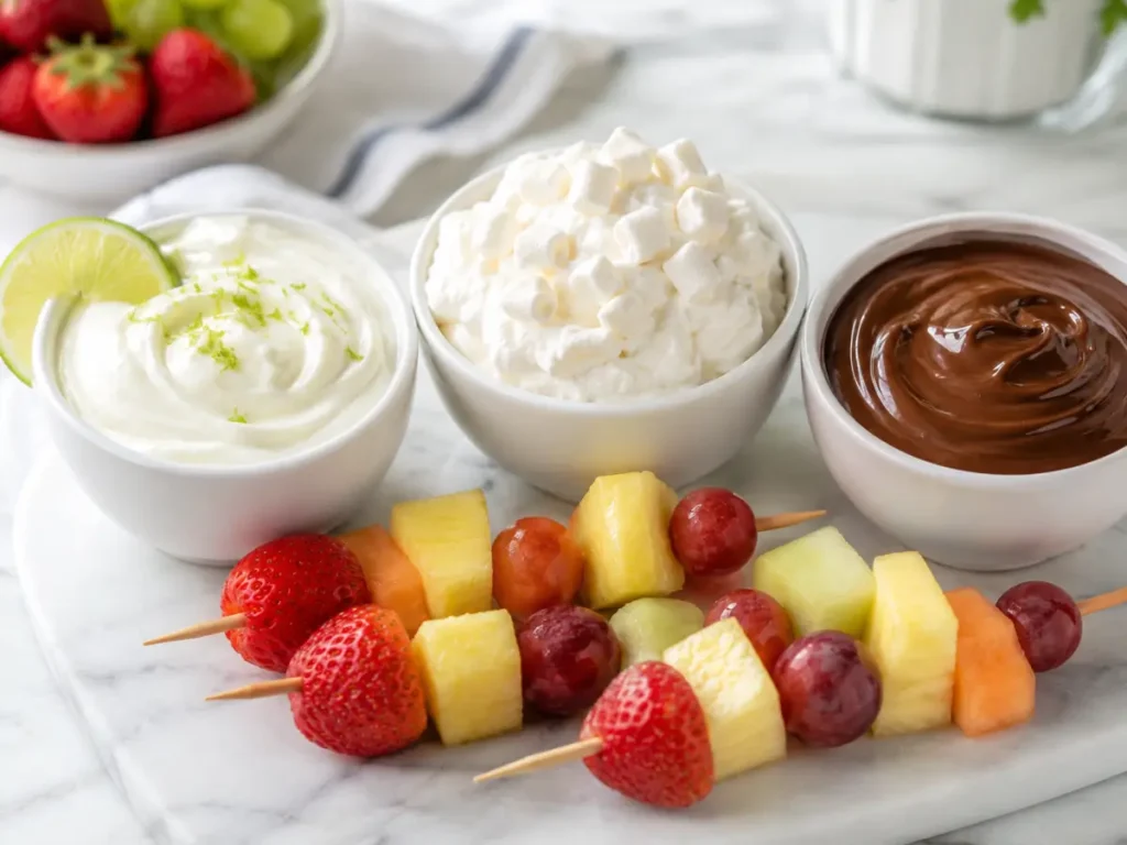 Creamy yogurt, marshmallow and chocolate dips served with fruit skewers