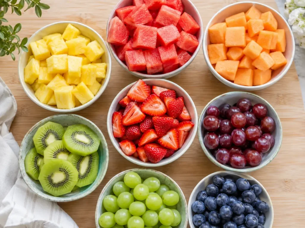 Fresh fruit cut into pieces and sorted in bowls ready to make fruit kabobs