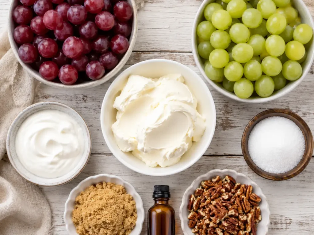 Ingredients for grape salad including grapes, cream cheese, sour cream, brown sugar, vanilla, and pecans.
