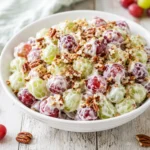 Creamy grape salad recipe with red and green grapes, brown sugar, and pecans in a serving bowl