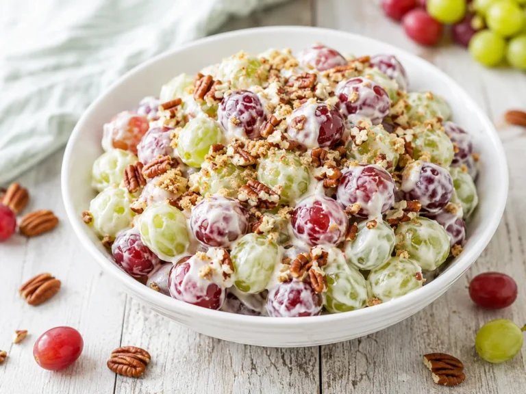 Grape Salad Recipe with Cream Cheese and Brown Sugar Creamy grape salad recipe with red and green grapes, brown sugar, and pecans in a serving bowl