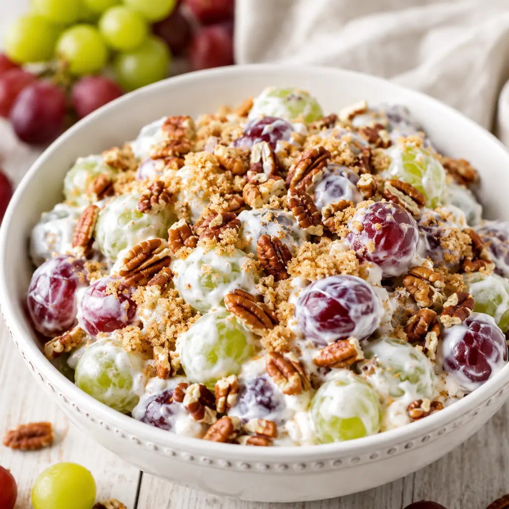Creamy grape salad recipe with red and green grapes, cream cheese dressing, brown sugar, and pecans in a white serving bowl.
