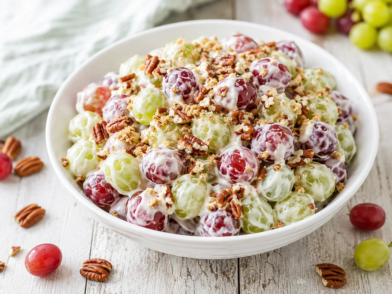 Creamy grape salad recipe with red and green grapes, brown sugar, and pecans in a serving bowl