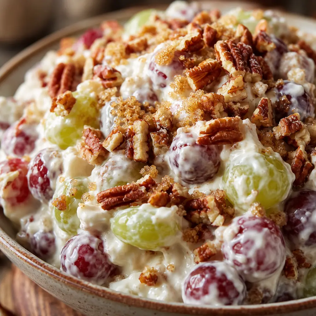 Grape salad topped with brown sugar and chopped pecans for a sweet crunchy finish.