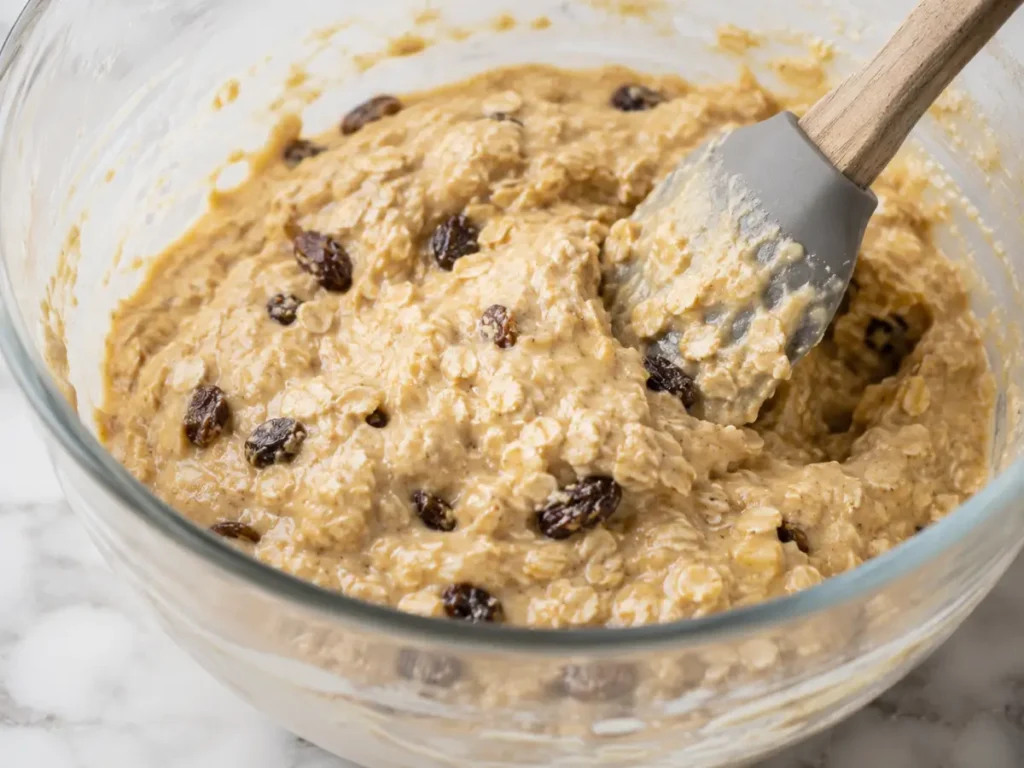 Greek yogurt and oat muffin batter being folded together in a glass bowl with raisins