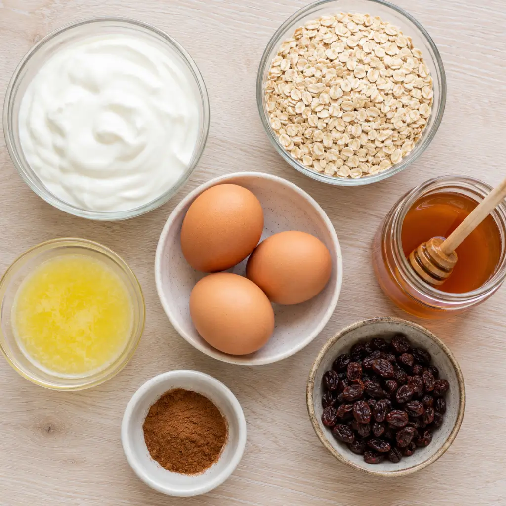 Ingredients for flourless high protein Greek yogurt muffins including Greek yogurt, oats, eggs, honey, coconut oil, cinnamon and raisins