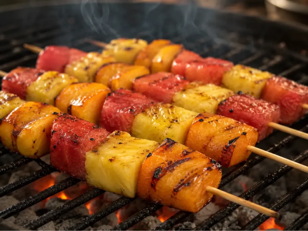 Grilled fruit kabobs with caramelized pineapple, peach and watermelon on the grill