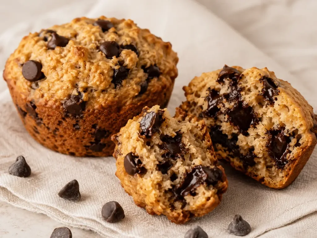 High protein chocolate chip Greek yogurt muffins made with oat flour and no protein powder, one broken open