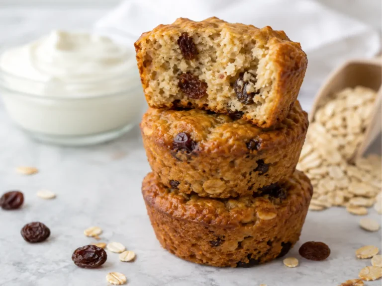 High Protein Greek Yogurt Muffins (No Flour, No Protein Powder) High protein Greek yogurt muffins made with oats, no flour and no protein powder, stacked with one split open showing the moist crumb