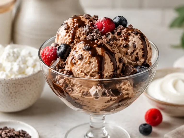 High protein ice cream scooped into a glass bowl with chocolate drizzle, berries, and crunchy mix-ins.