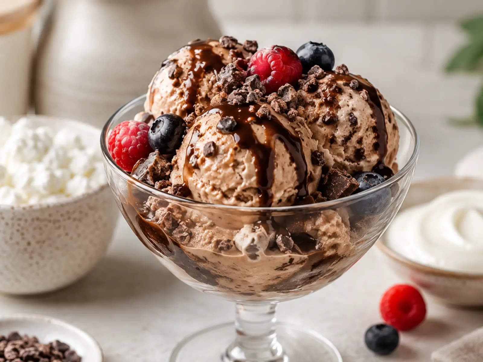 High protein ice cream scooped into a glass bowl with chocolate drizzle, berries, and crunchy mix-ins.