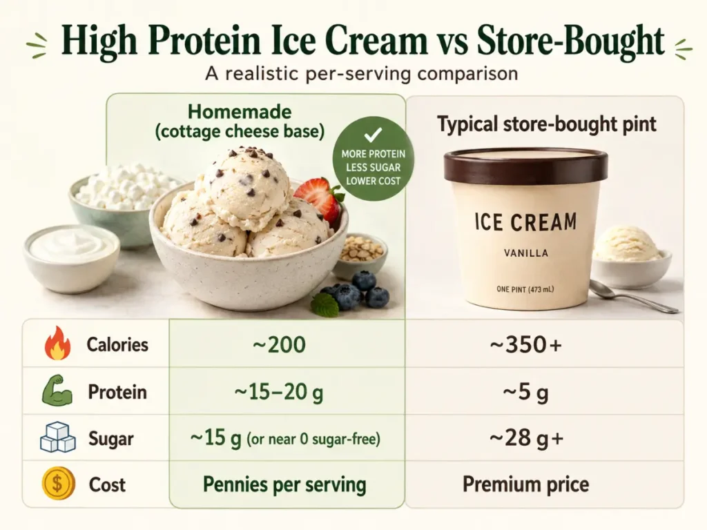 High protein ice cream vs store-bought comparison showing calories, protein, sugar, and cost per serving.
