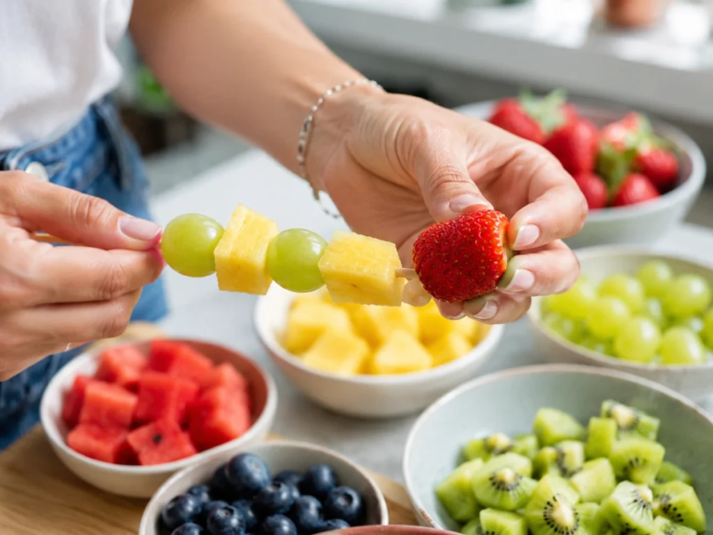 Hands threading fresh fruit onto a wooden skewer to make a fruit kabob