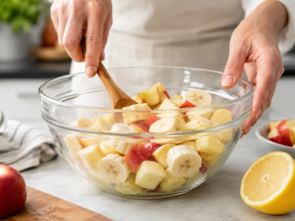 Tossing cut fruit in lemon juice to keep fruit kabobs from turning brown