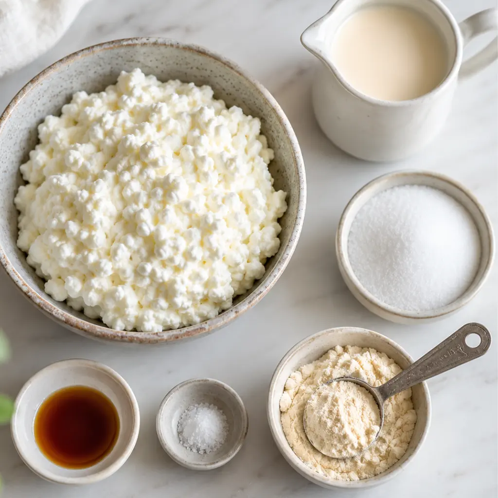 Ingredients for keto cottage cheese ice cream including full-fat cottage cheese, allulose, heavy cream and vanilla