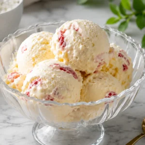 Keto Cottage Cheese Ice Cream scooped in a bowl with strawberries, a low carb high protein frozen dessert
