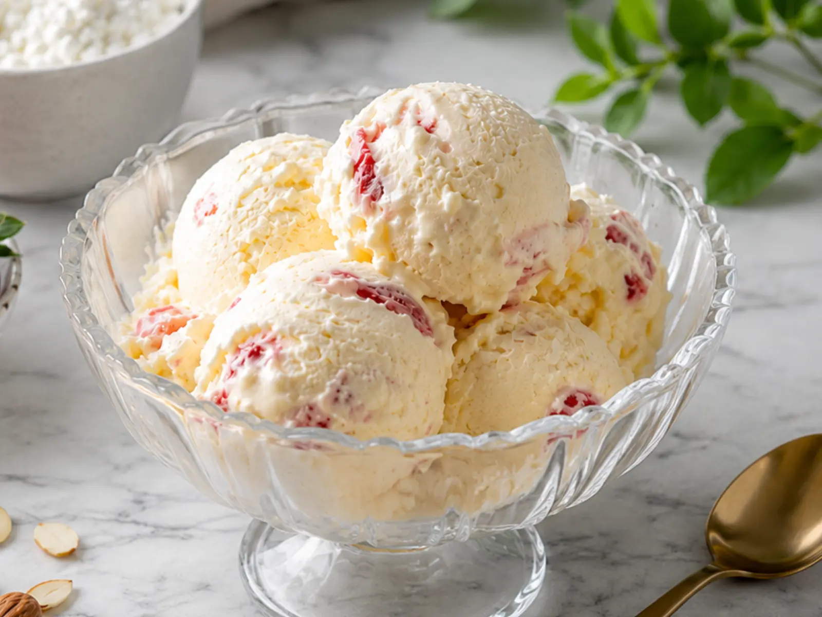 Keto Cottage Cheese Ice Cream scooped in a bowl with strawberries, a low carb high protein frozen dessert