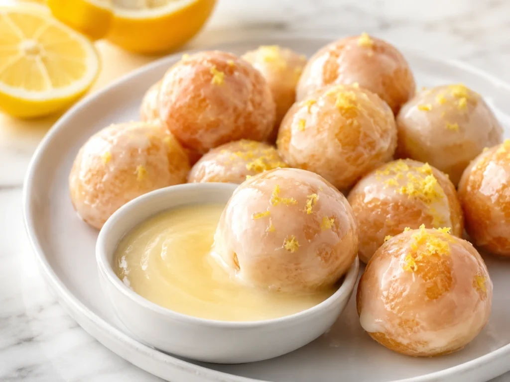 Warm 4 ingredient lemon donut holes being dipped into glossy lemon glaze and topped with fresh lemon zest.