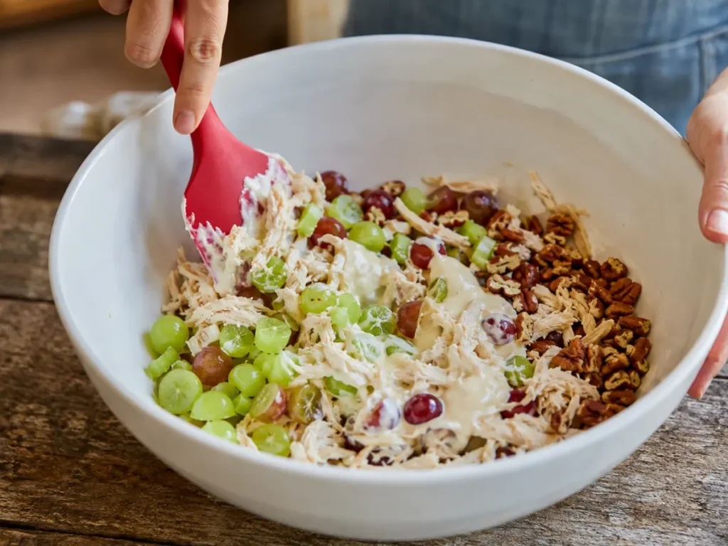 Shredded chicken, halved grapes, celery, and pecans being folded together with creamy dressing in a large bowl