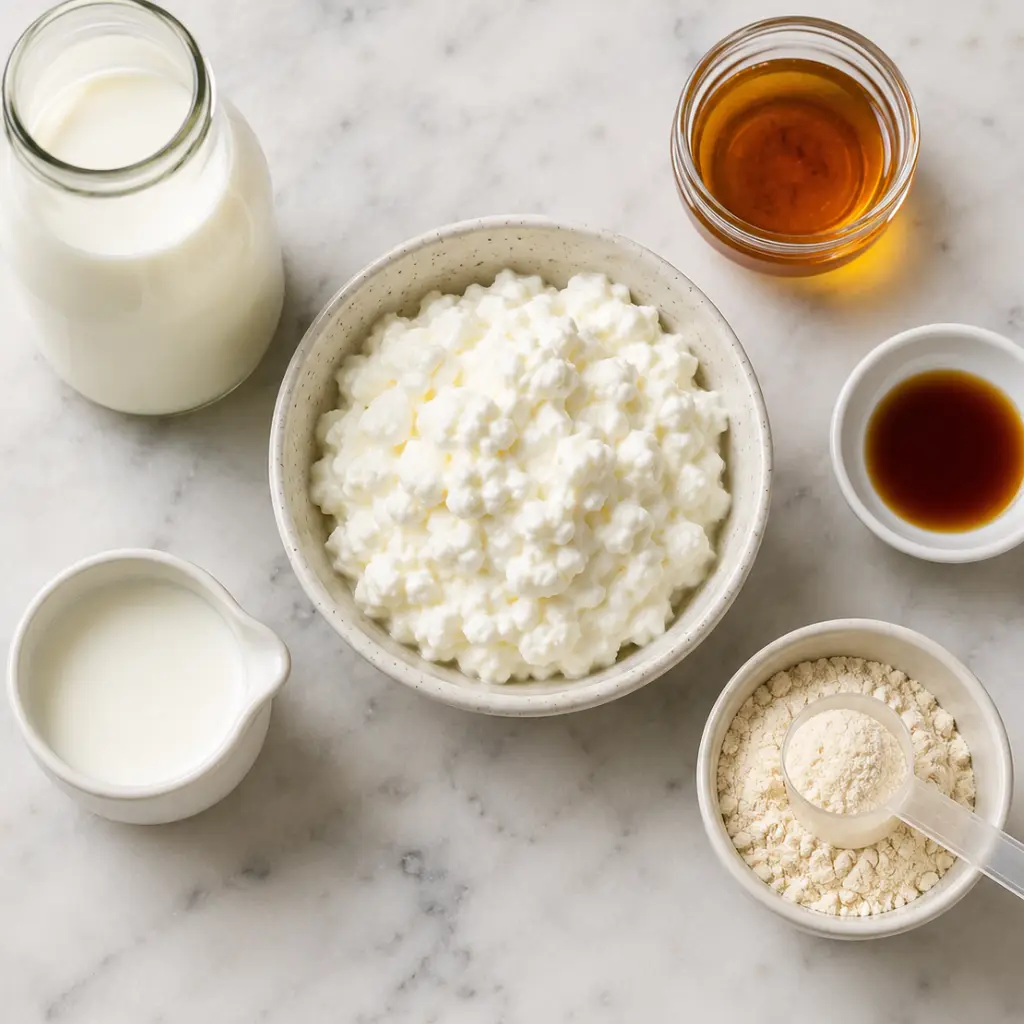 Ingredients for Ninja Creami cottage cheese ice cream including cottage cheese, milk, honey and vanilla