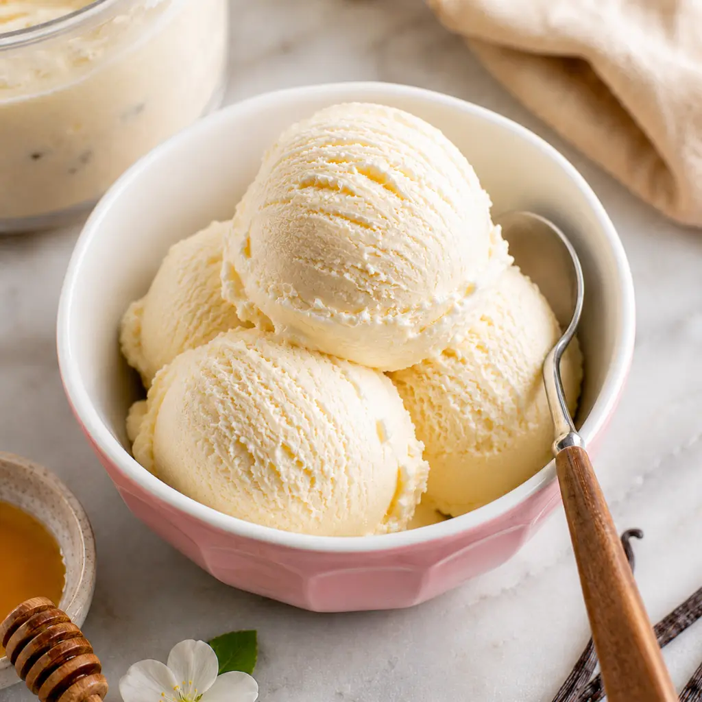 Ninja Creami cottage cheese ice cream scoops in a pink bowl, creamy high protein vanilla ice cream with no pudding mix.