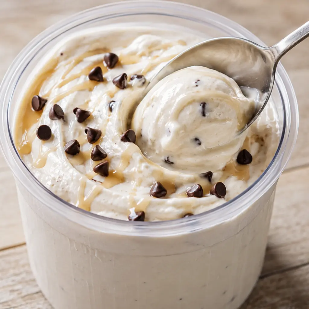Ninja Creami cottage cheese ice cream in a pint container with mini chocolate chips, caramel drizzle, and a spoon scooping the creamy texture.