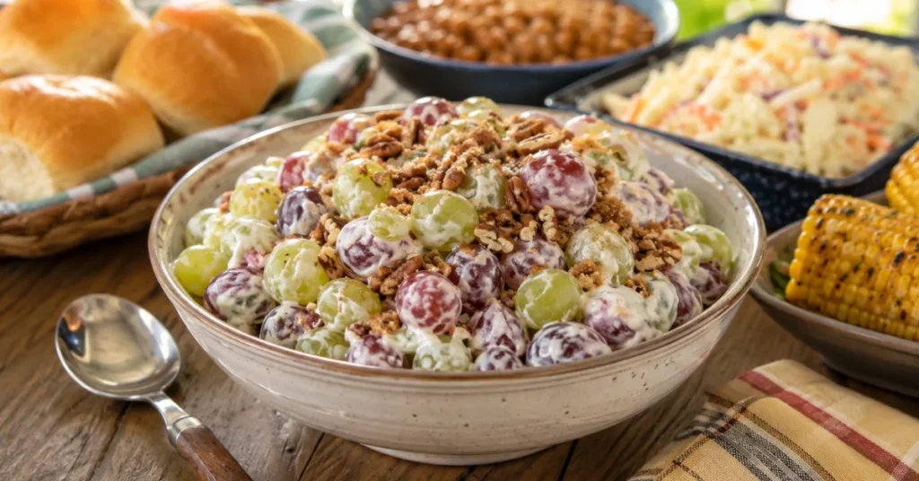 Potluck grape salad served cold with brown sugar pecan topping in a large bowl.