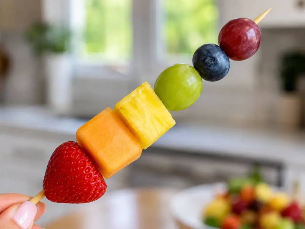 A single rainbow fruit kabob showing fruit arranged in rainbow color order