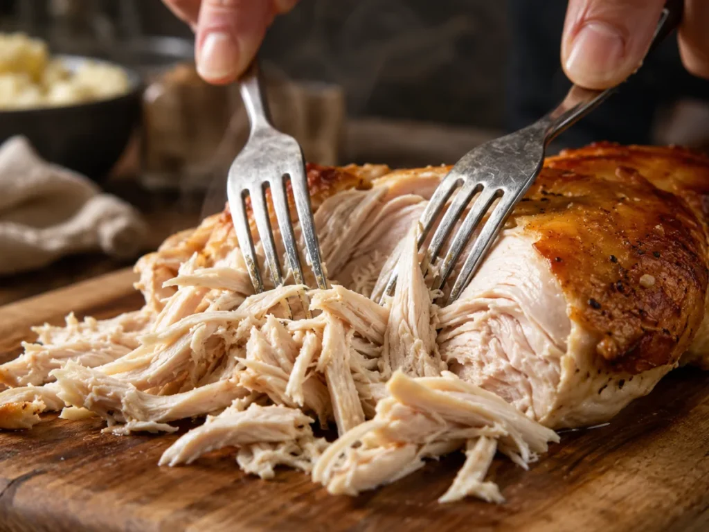 Two forks shredding cooked rotisserie chicken breast on a wooden cutting board for chicken salad