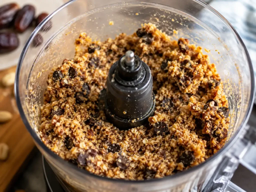 Mini dark chocolate chips pulsed into the date and peanut mixture in a food processor, showing visible chocolate pieces throughout