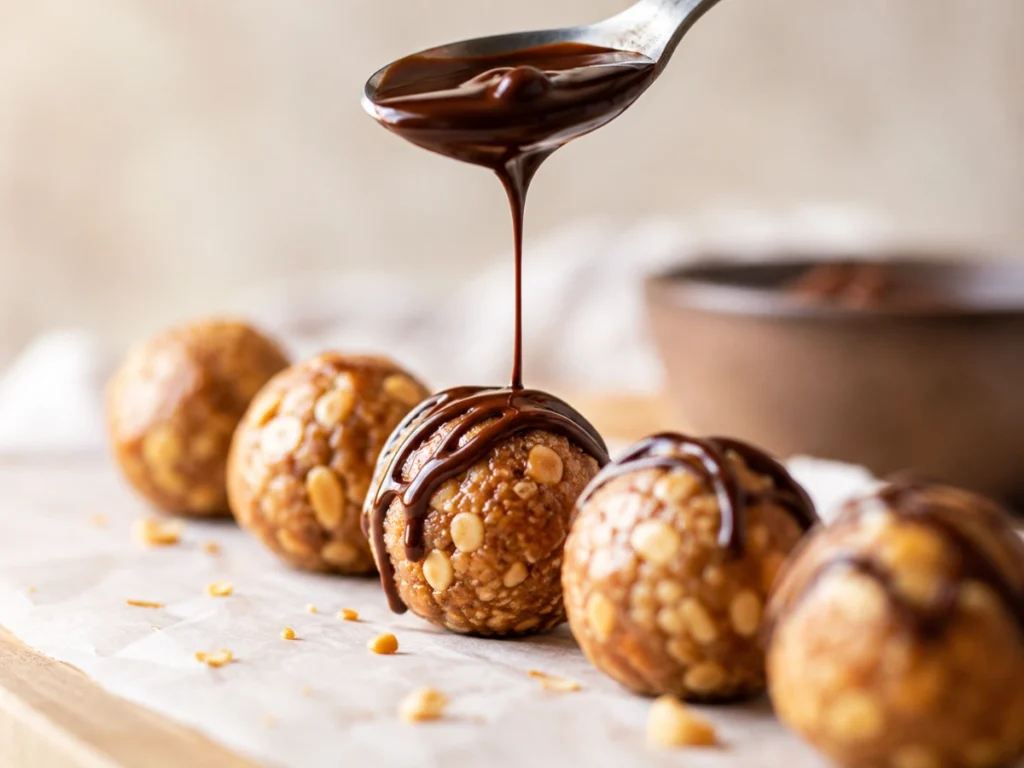 Melted dark chocolate being drizzled from a spoon over a row of homemade energy balls on parchment paper