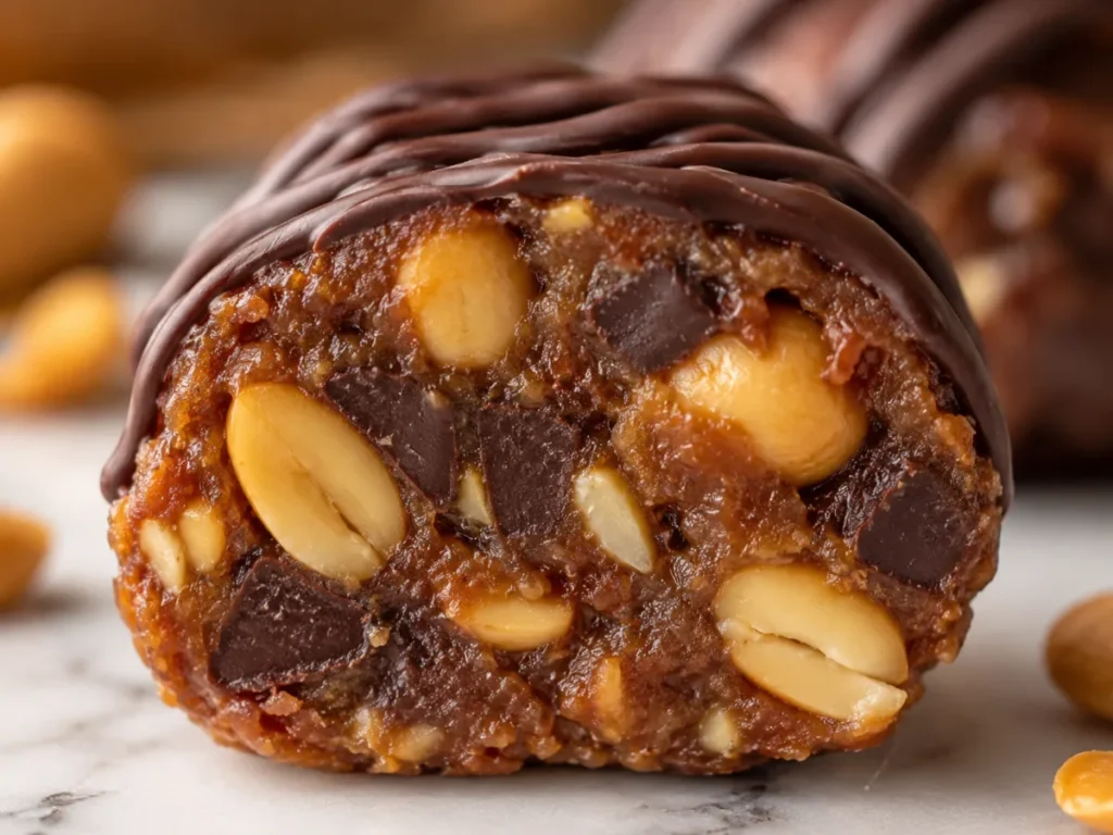 Close-up of a Snickers energy ball cut in half showing the dense peanut and date interior with dark chocolate chip pockets