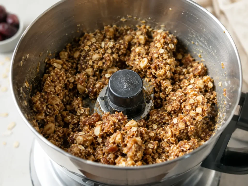 Blended Medjool dates, oats, and peanuts in a food processor bowl showing the crumbly golden-brown mixture ready to be shaped