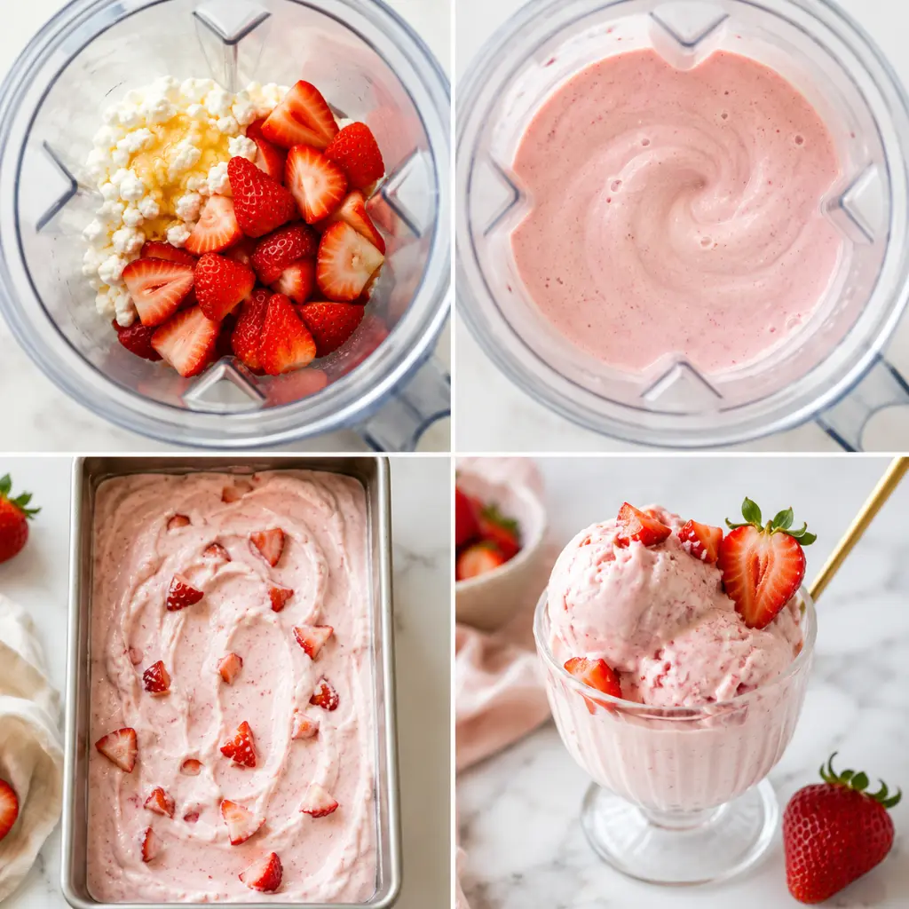 How to make Strawberry Cottage Cheese Ice Cream with cottage cheese, strawberries, blended base, freezing pan, and finished scoop.