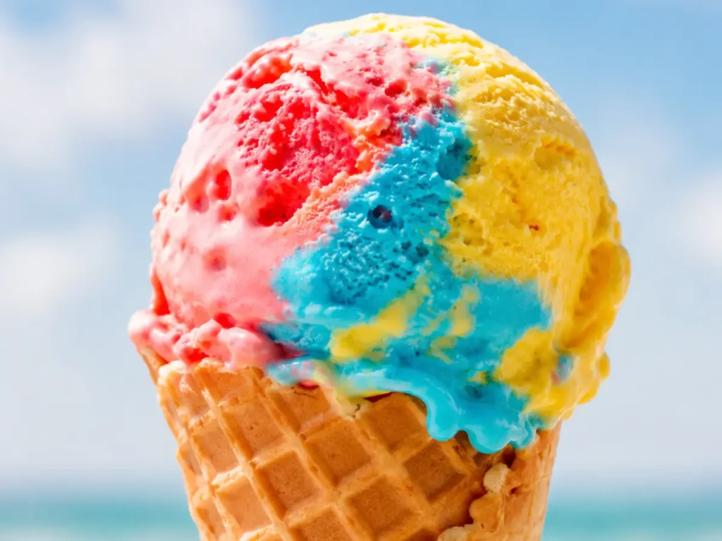 Superman ice cream scoop in a waffle cone, red blue and yellow swirl