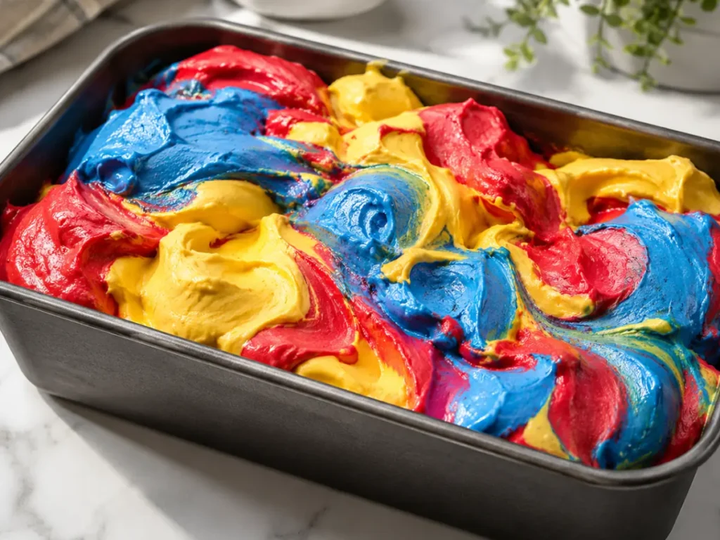  Red, blue, and yellow Superman ice cream swirled in a loaf pan before freezing