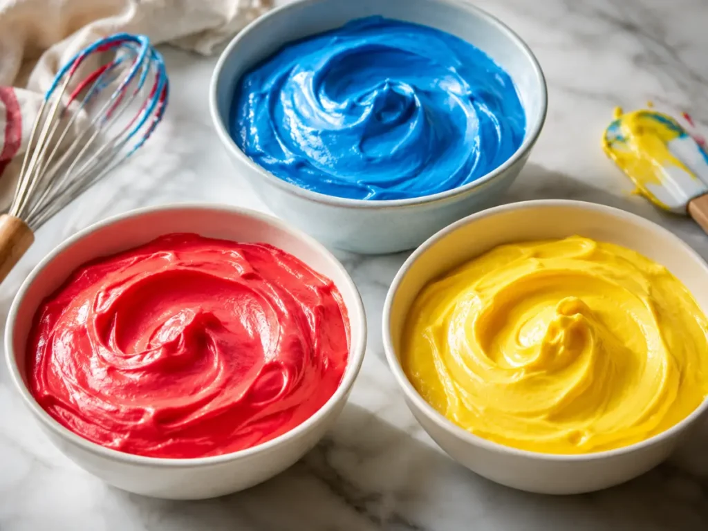 Red, blue, and yellow no-churn ice cream bases for homemade Superman ice cream